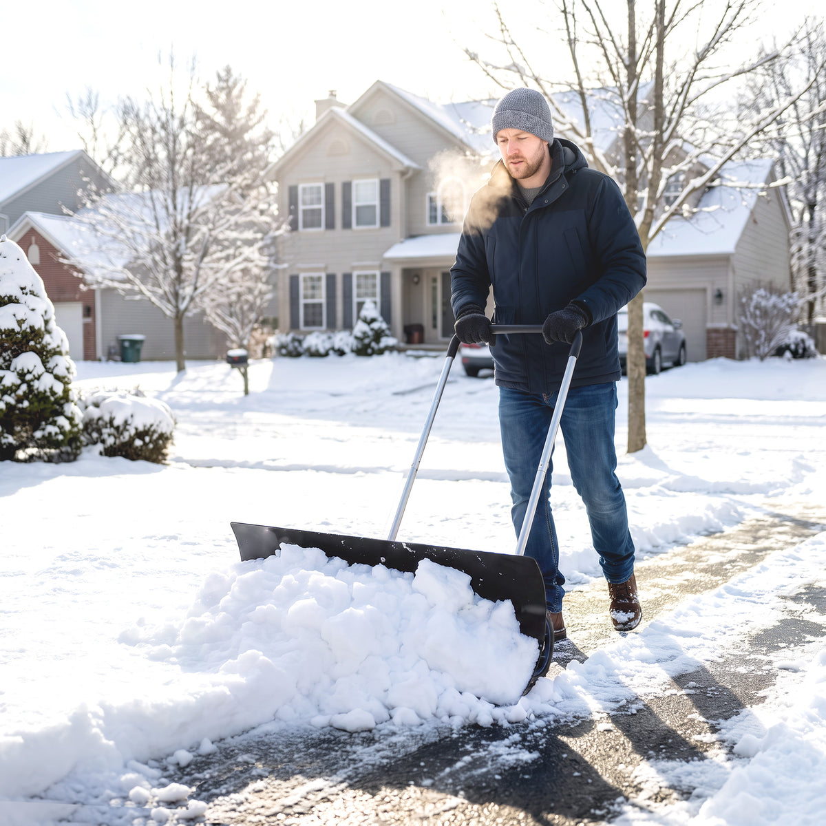 Large snow pusher 95 cm extra wide aluminum snow shovel with wheels, adjustable & non-slip handle, angled (2)