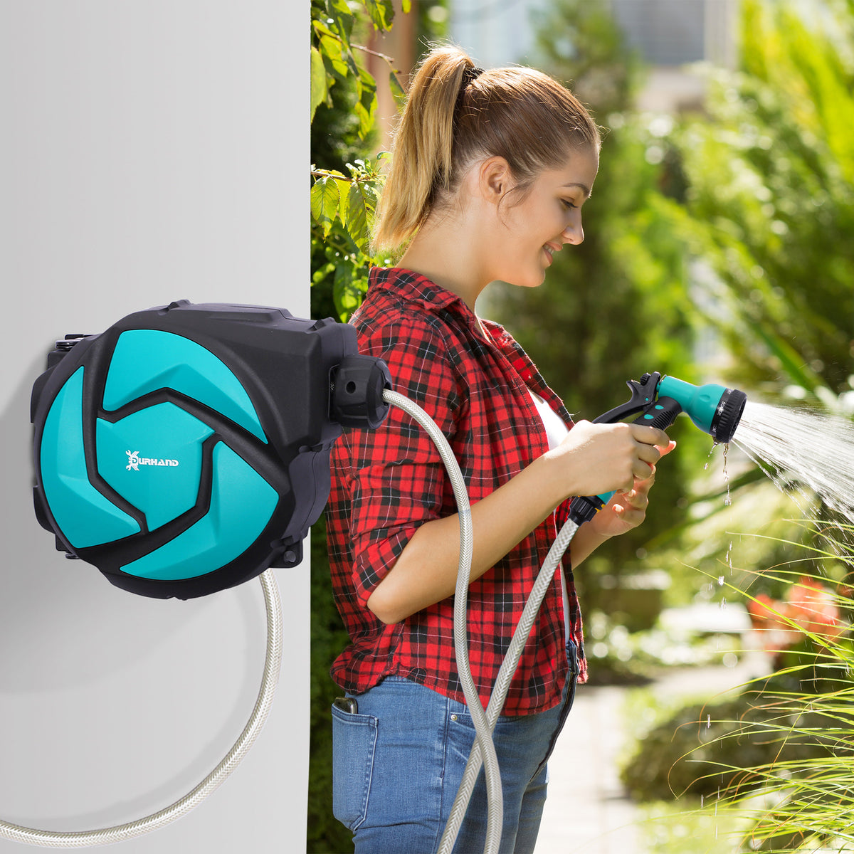 Hose reel with 10 m garden hose, water hose winder with automatic retraction, wall-mounted hose box, 180° (2)