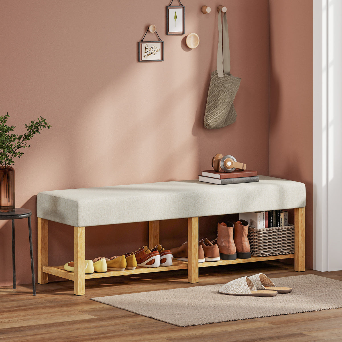 140 cm solid wood shoe bench, modern hallway bench with upholstered seat for two people, natural wood and cream (2)