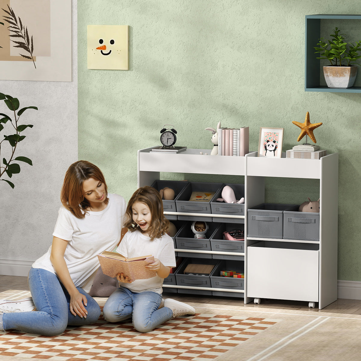 Children's storage shelf, toy organizer for kids with 11 fabric bins, top compartments, white (2)
