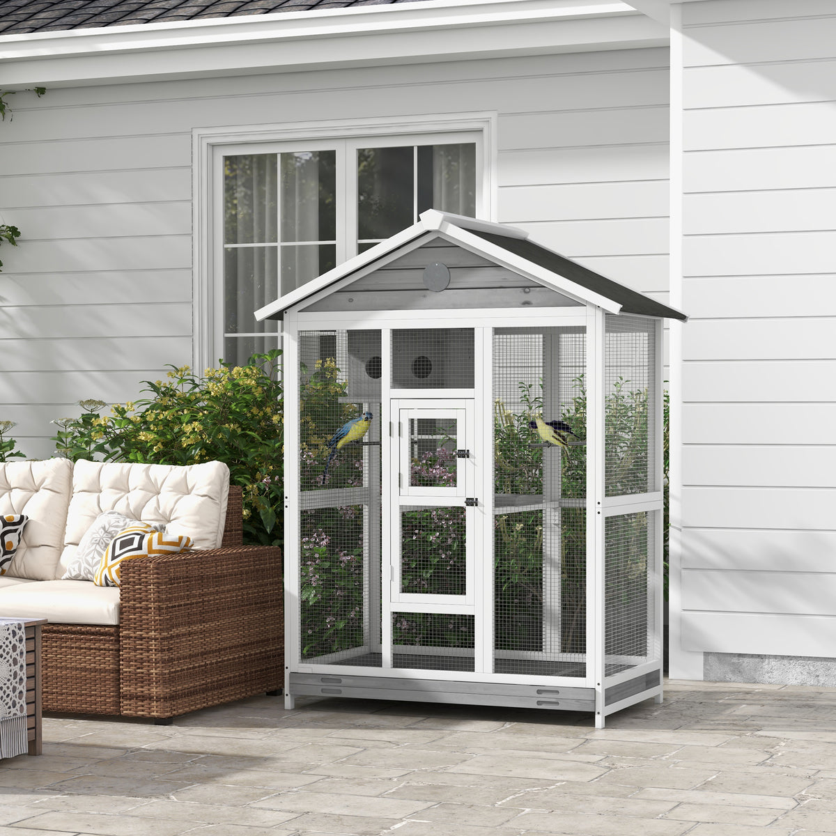 Wooden bird cage, with 4 perches, asphalt roof, waterproof, 112 x 68 x 154 cm (2)