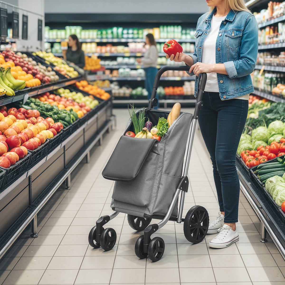 Shopping trolley, 46-liter bag, foldable shopping cart with cooler bag, adjustable handle, aluminum frame, gray (2)