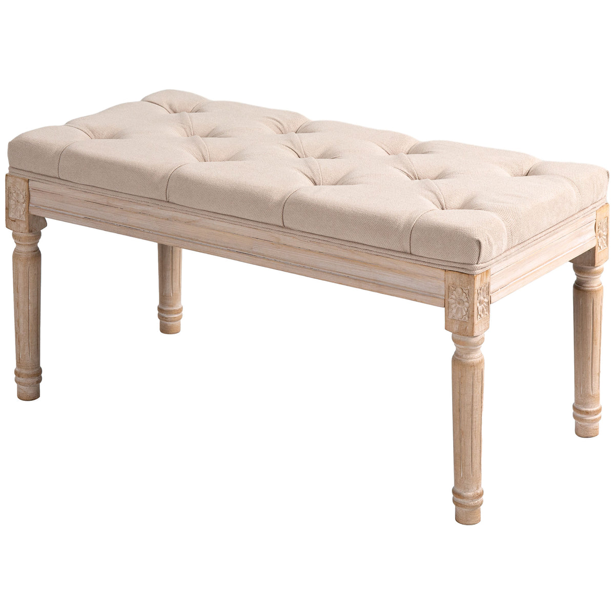 Vintage design bench, button tufting, turned legs, shabby chic, cream