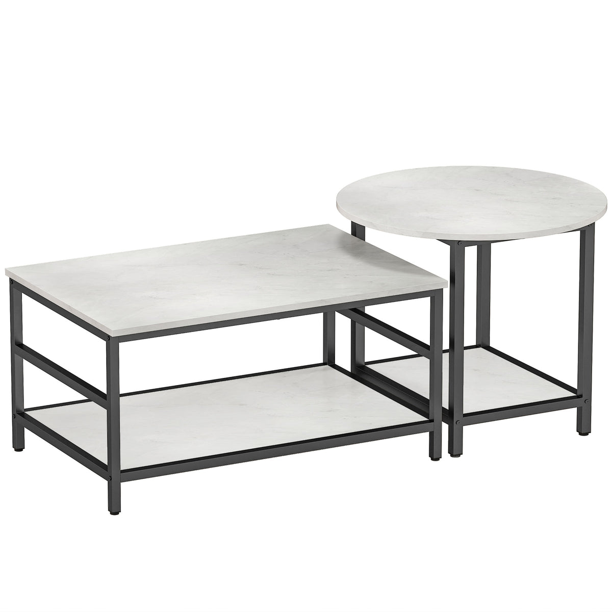 Coffee table set, 2 side tables, marble look, adjustable feet, steel, black/white