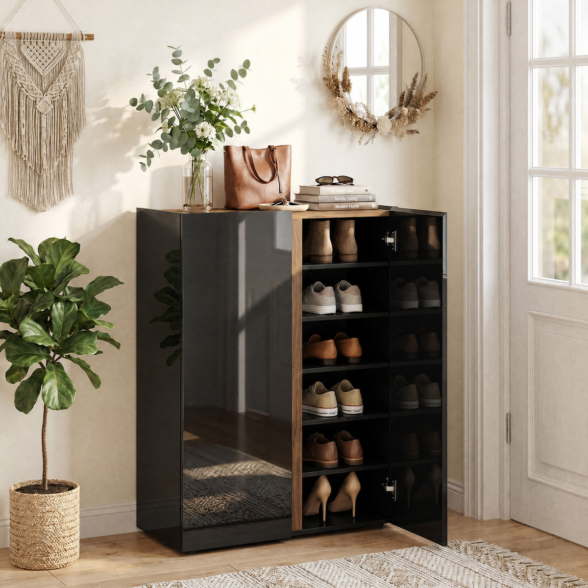 Shoe cabinet with quiet safety opening, 6 tiers, handleless design, high-gloss black (2)