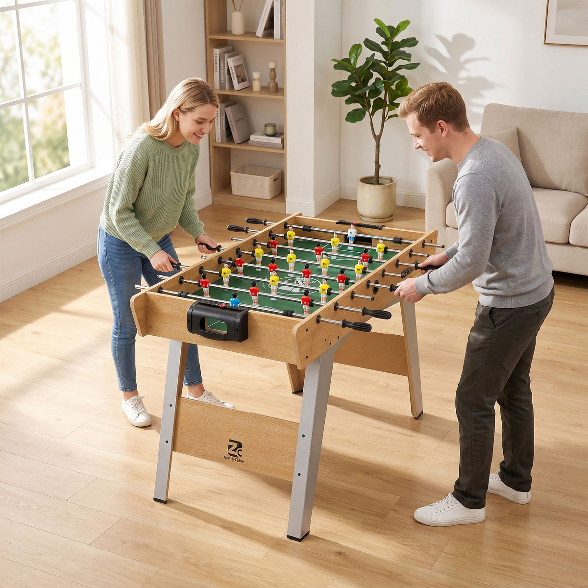 Foosball table incl. 22 players, 2 balls, non-slip handles, score counter, slanted legs, 121x87x77cm, natural (2)