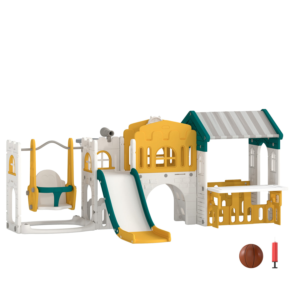 11-in-1 children's slide with swing, playhouse, garden slide with tunnel, basketball hoop, telescope, steering