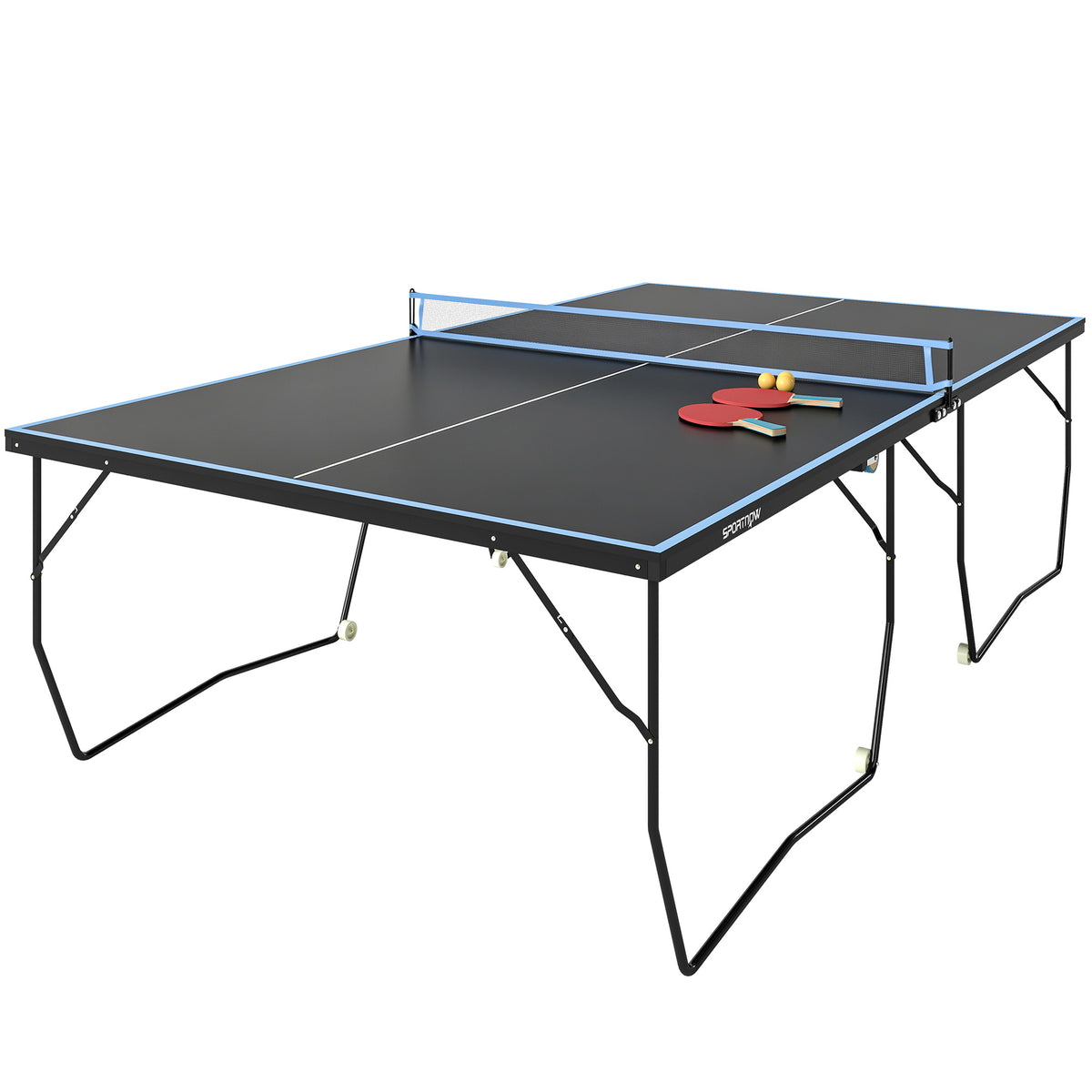 Table tennis table, foldable, 8 wheels, powder-coated steel frame, MDF, 274 x 152.5 x 76 cm, black