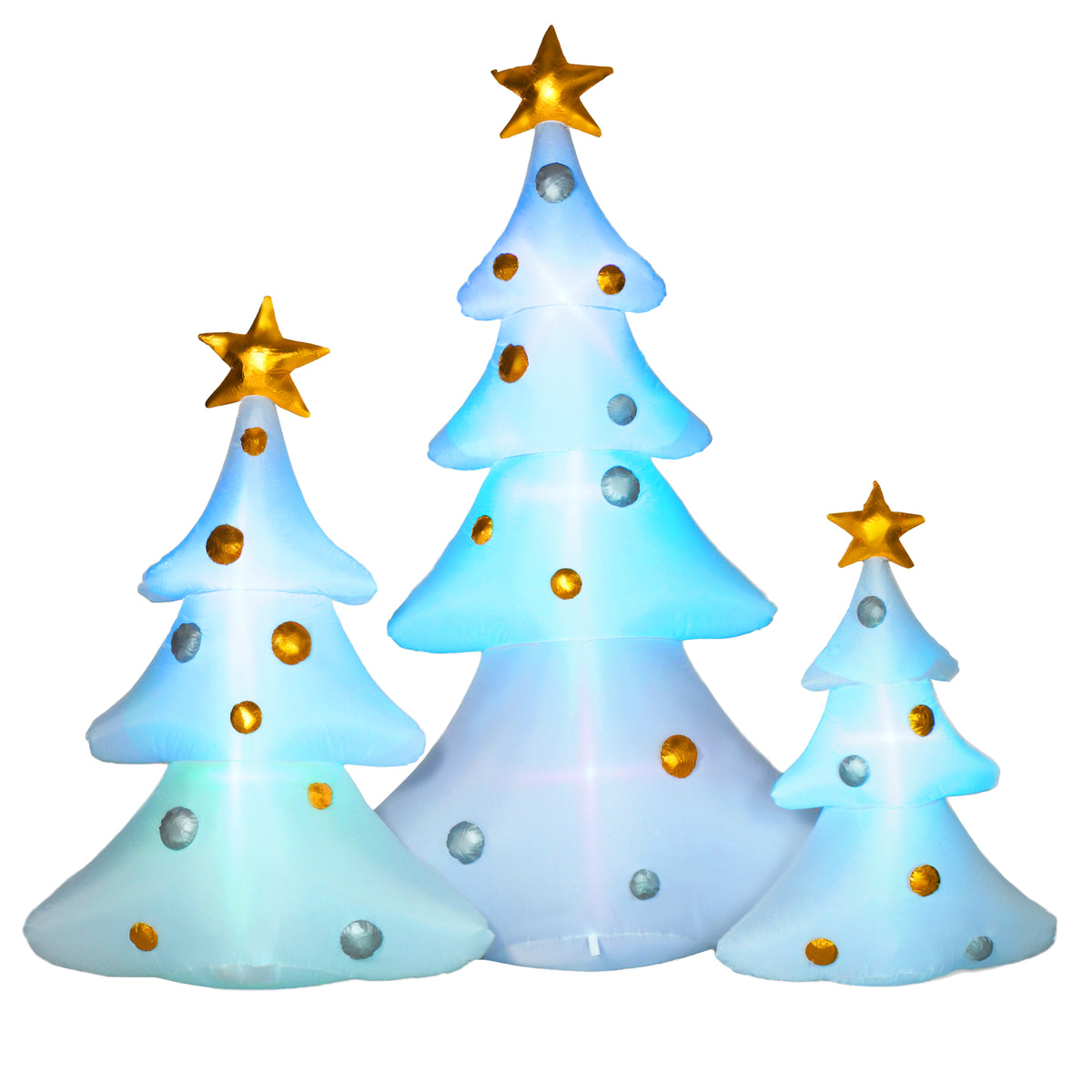 3-piece set of inflatable Christmas trees, incl. blower, indoor and outdoor, incl. mounting material, white+gold