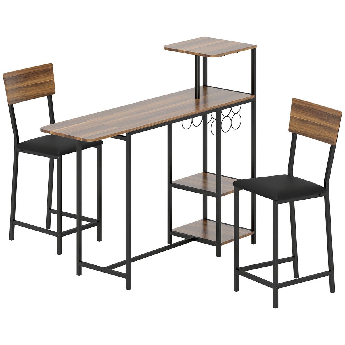 3-piece bar table set, 1 bar table, 2 chairs, with wine rack, glass holder, open shelves, footrests, brown