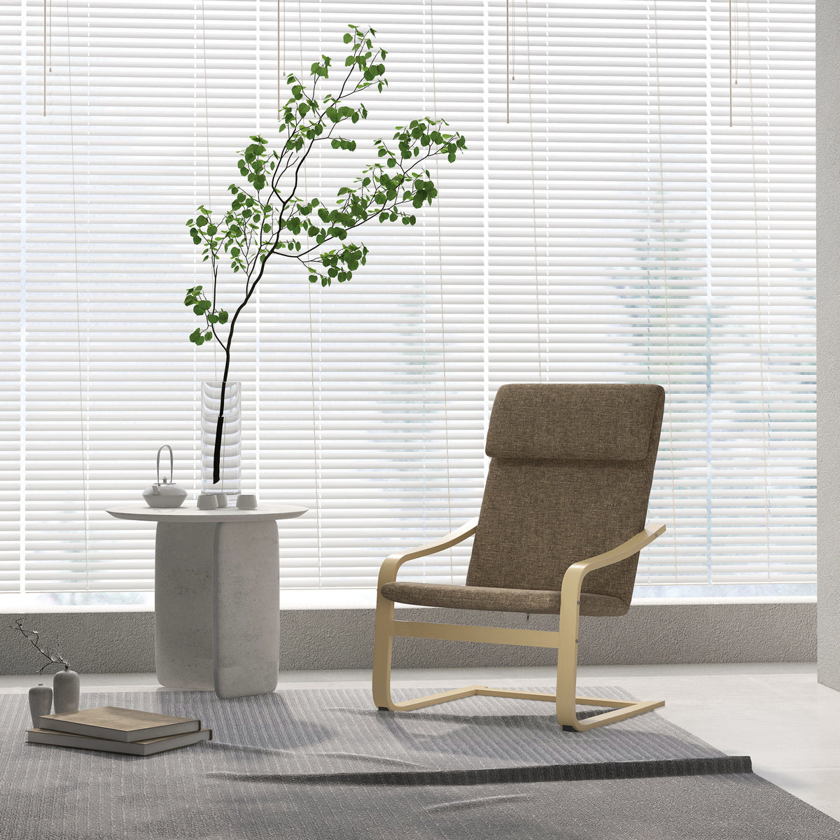 Armchair with headrest and armrests, linen-look upholstery, wooden frame, brown + natural (2)