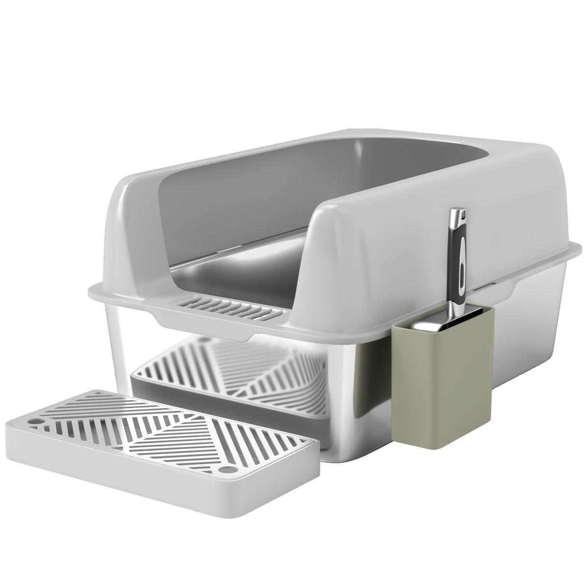 Cat litter box, stainless steel, high sides, storage box, light gray