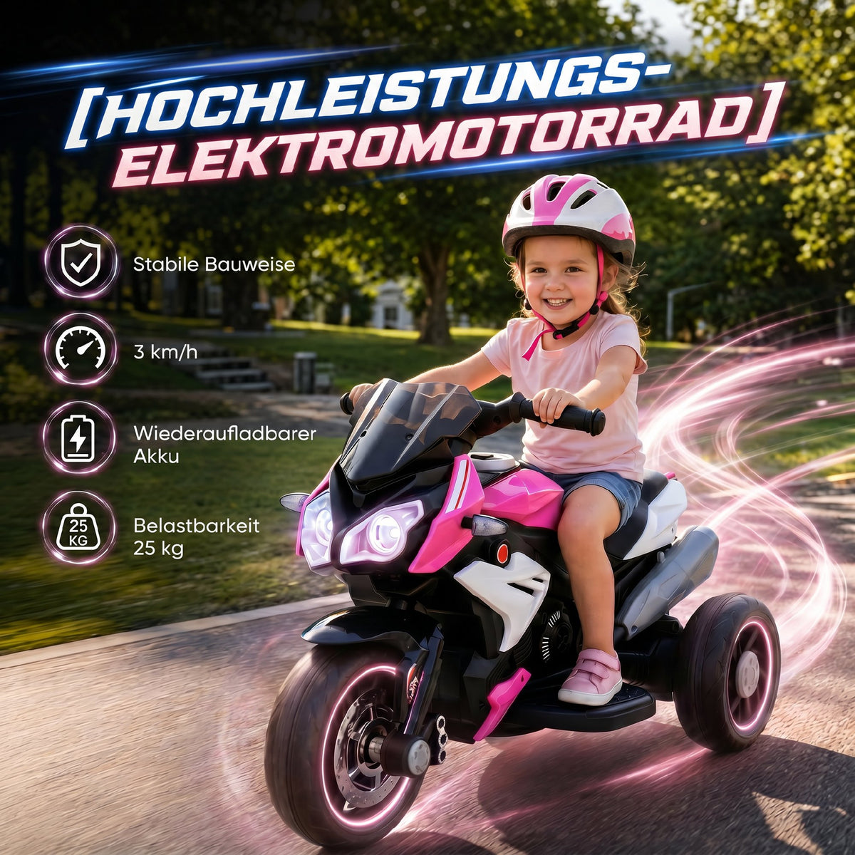 Electric children's motorcycle, lights & sounds, 3 km/h, rechargeable, plastic & metal, pink/white (5)