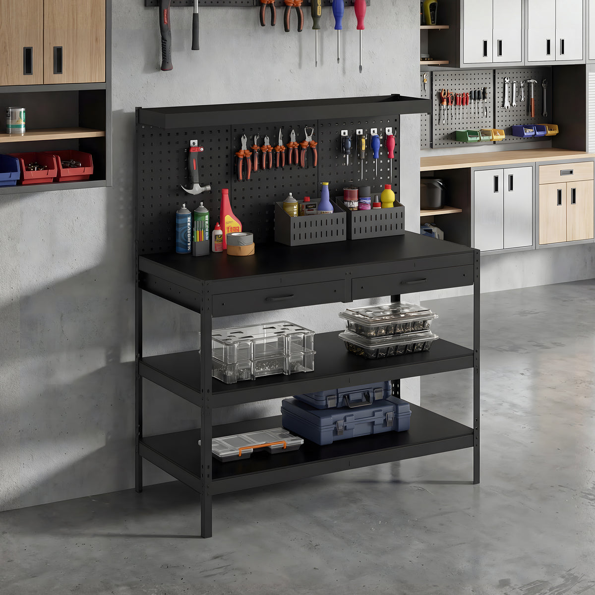 Workbench with adjustable shelves, sturdy workstation with pegboard and 2 drawers, 122 x 61 x 156 cm, Black (2)