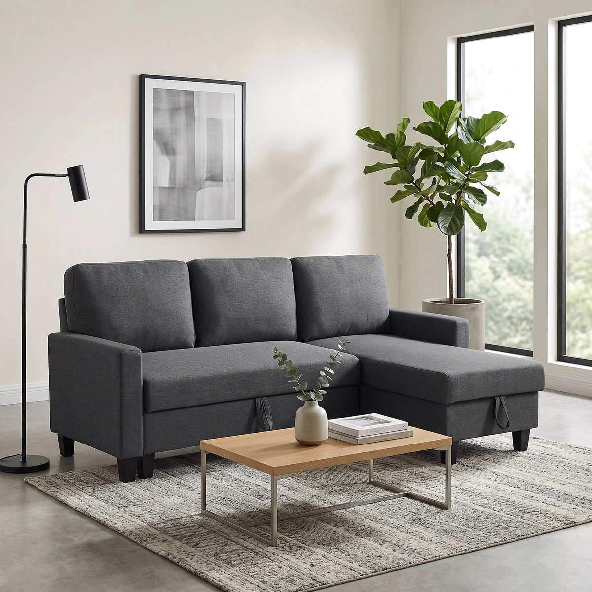 Corner sofa with sleeper function and storage box, L-shaped sofa bed with convertible chaise longue, for (8)