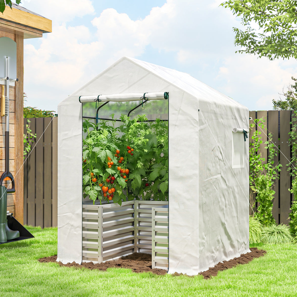 Tomato Greenhouse Foil Greenhouse with Raised Bed, Roll-up Door, Window, and Slanted Roof 141 x 141 x 190 cm (2)