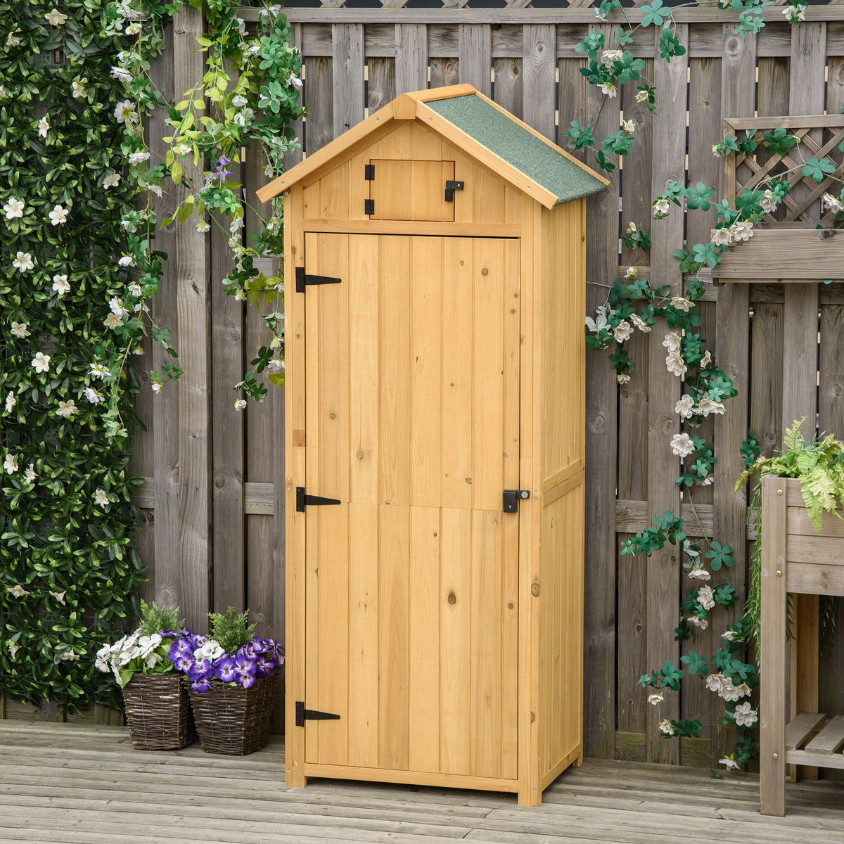 Garden Cabinet Garden Shed Tool Shed Tool Storage with Shelves Asphalt Roof Window Wood Yellow+Green 77 x 54.2 x (2)
