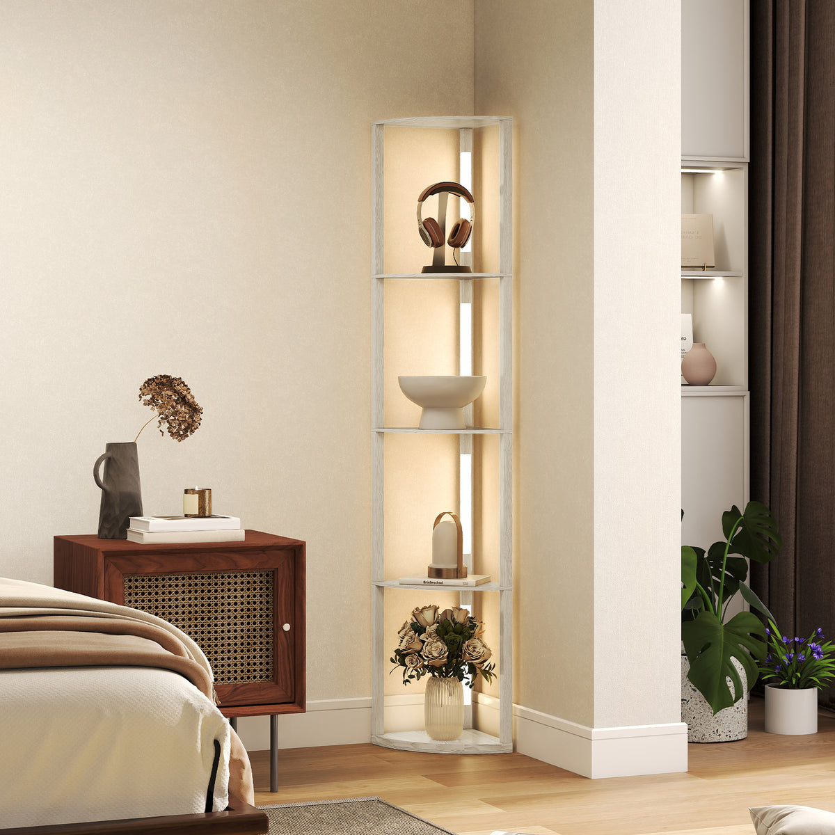 LED floor lamp, corner shelf, dimmable, 4 shelves, warm white light, 41x30x164cm, oak (2)