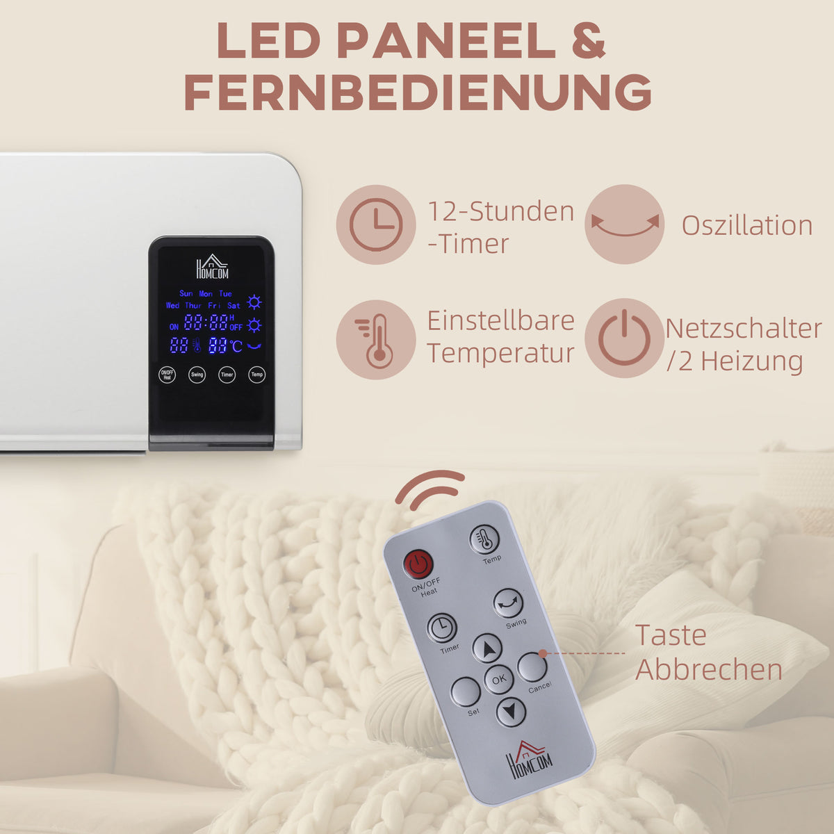 Electric heater, wall-mounted, oscillation function, 2 modes, timer, LED display, white (5)