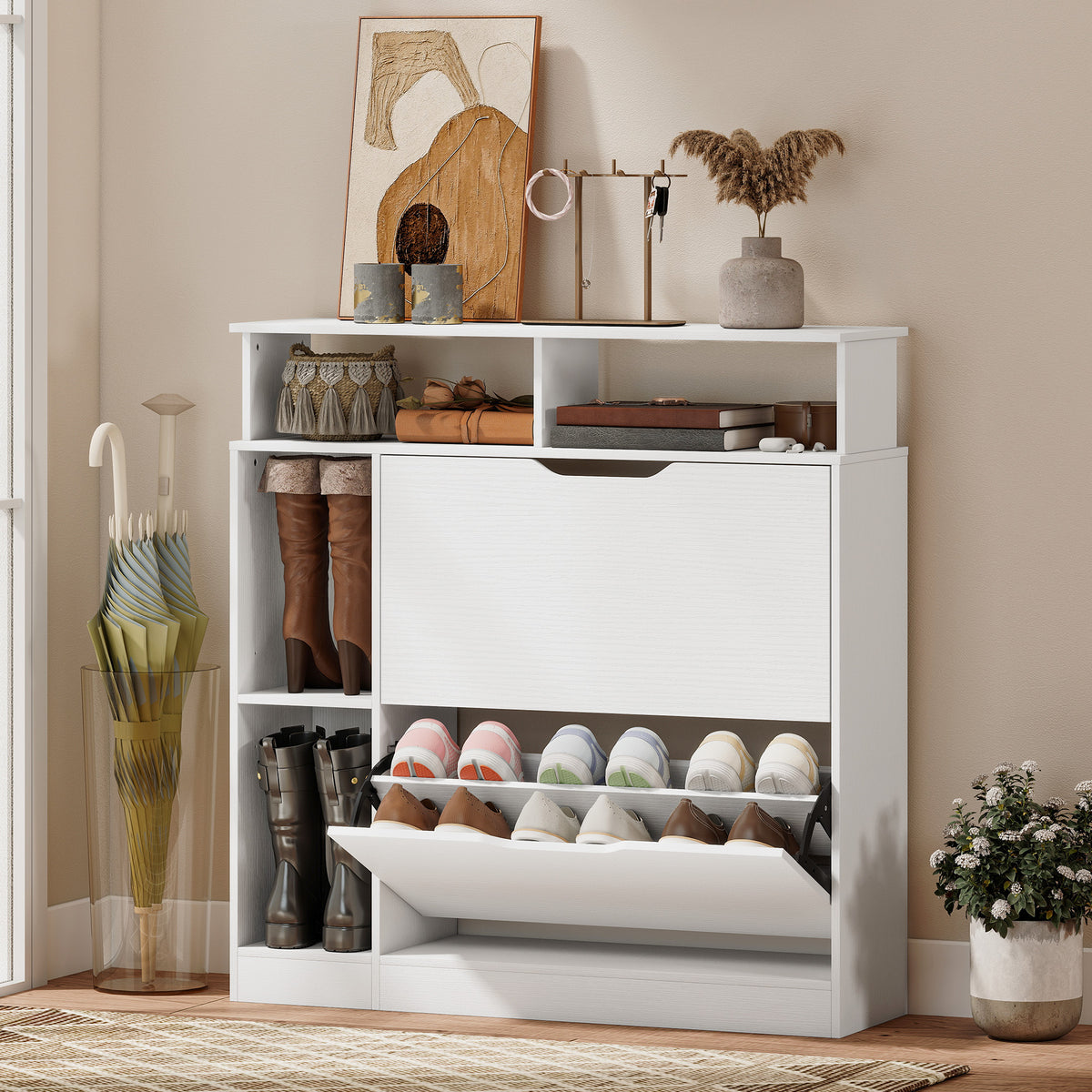 Shoe cabinet with 2 tilt-out compartments, shoe tipper with adjustable divider, open shelf for 12 pairs of shoes (2)