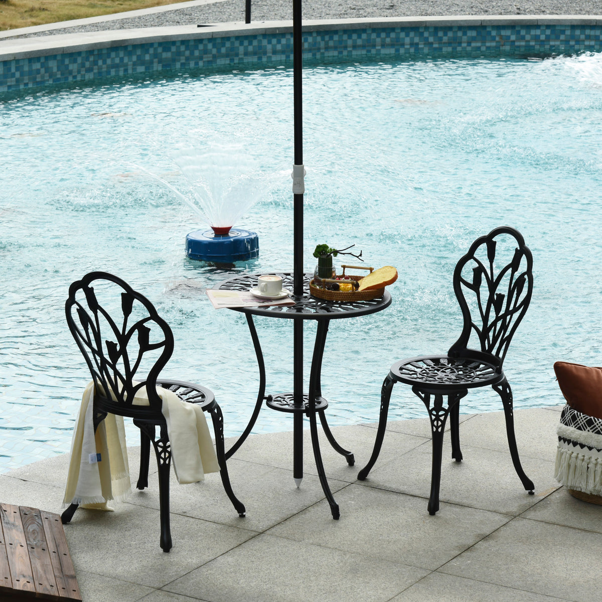 Weatherproof bistro set for 2 people, 1 table + 2 chairs with parasol hole for multiple locations, aluminum (2)