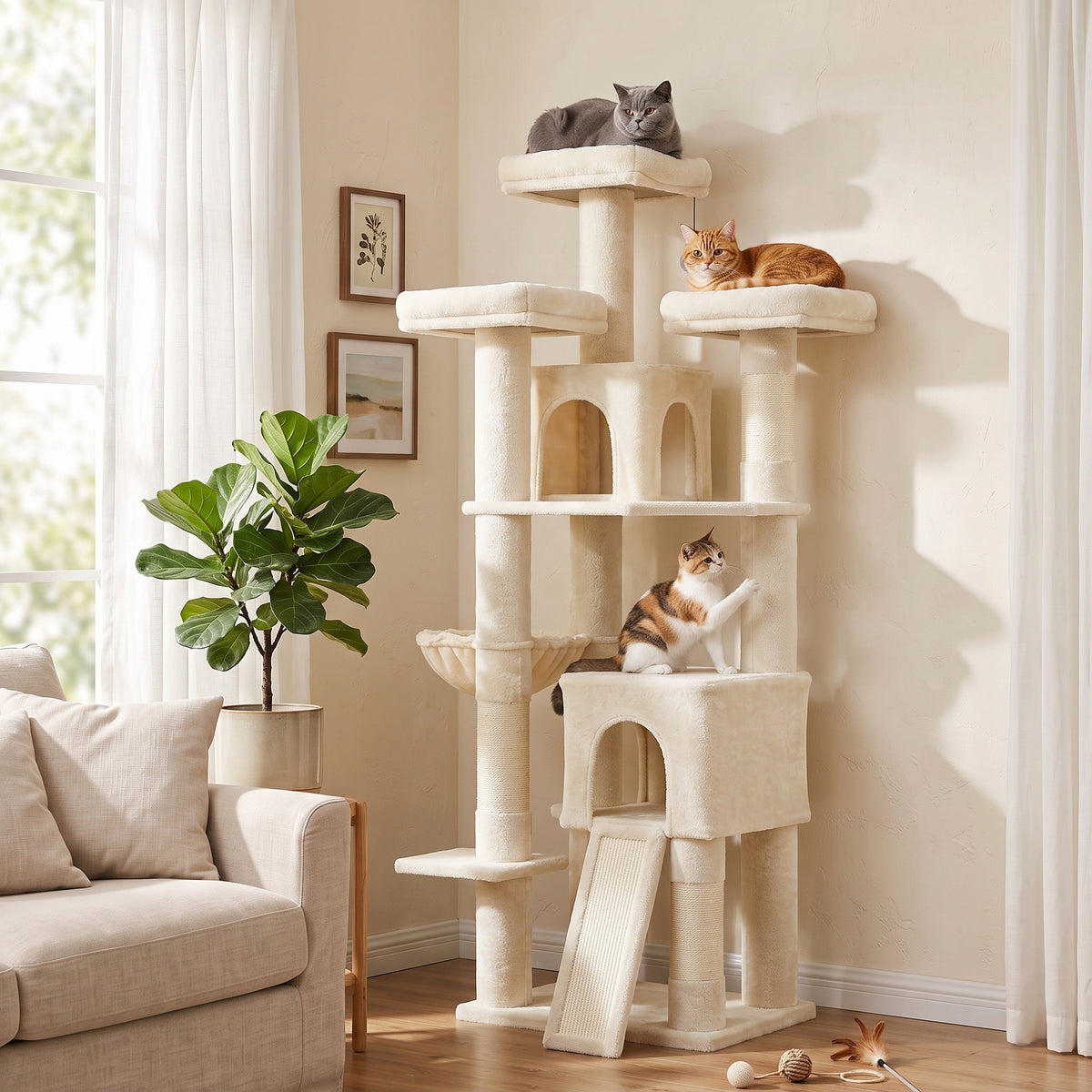 Large cat tree, 184 cm high, cat tree with 3 scratching posts, lounging areas, play ball, hammock, ladder, for (2)