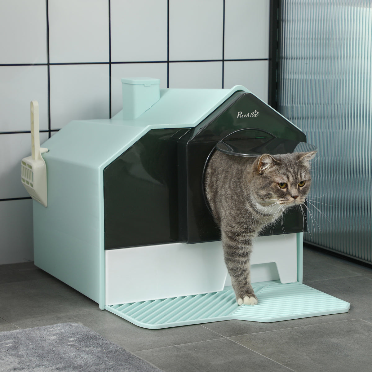 Cat litter box, house design, 1 litter mat, 1 litter scoop, removable base tray, green + white (2)