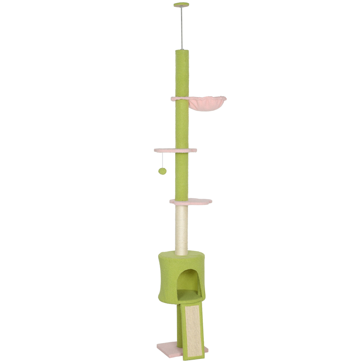 Cat tree, cave, hammock, adjustable height, scratching post with fabric cover, green