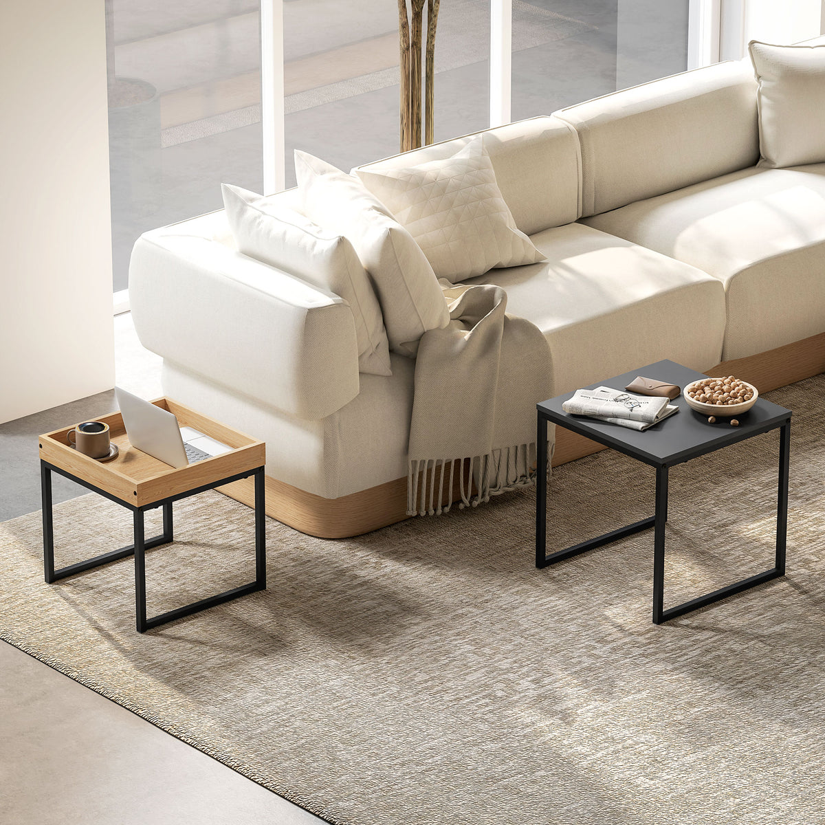 Modern coffee table, set of 2 nesting tables, for small spaces, square, MDF, metal, black (2)