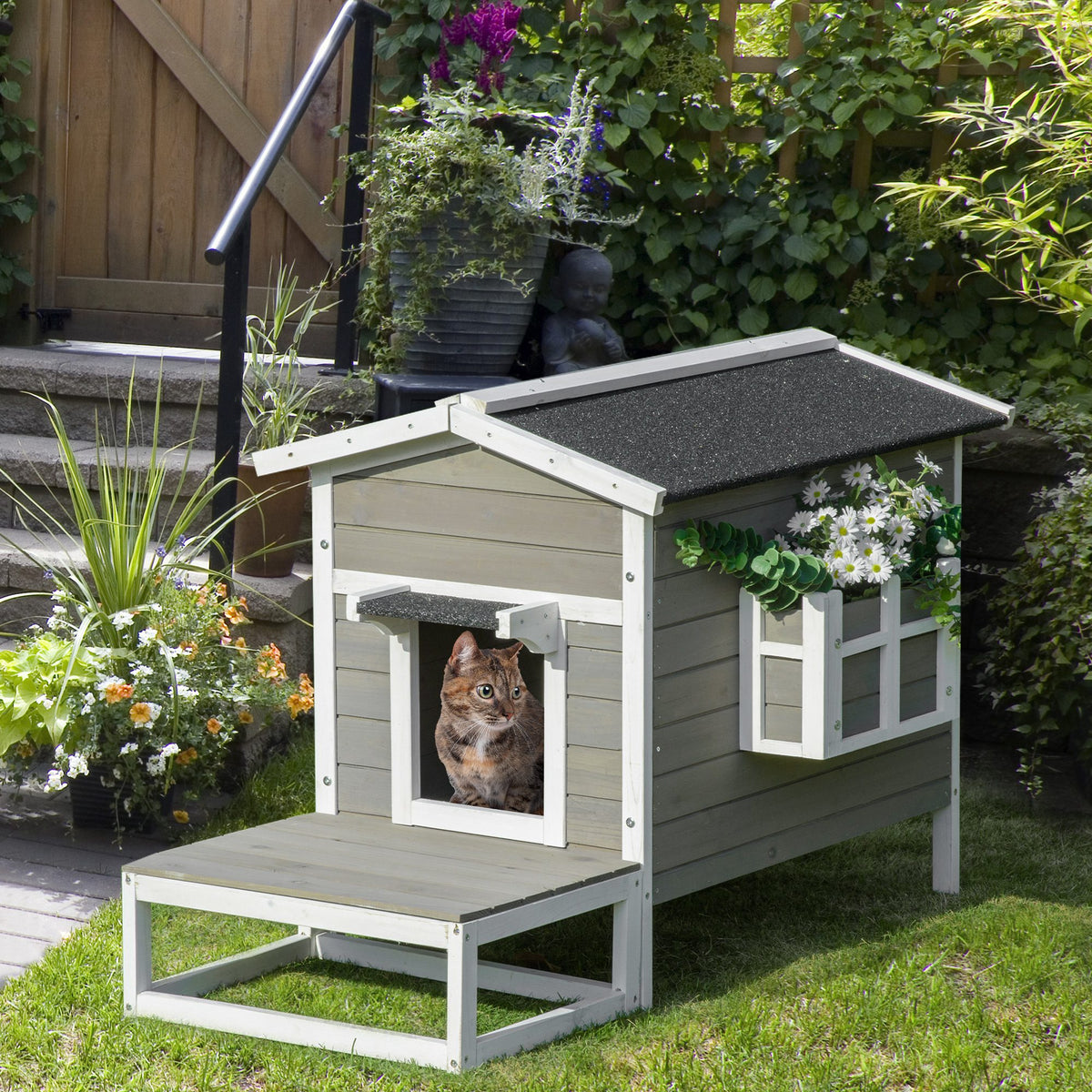 Wooden Cat House, Winterproof and Waterproof Cat Hut with Asphalt Roof, Terrace, Cat Cave, Cat Box, Outdoor (2)