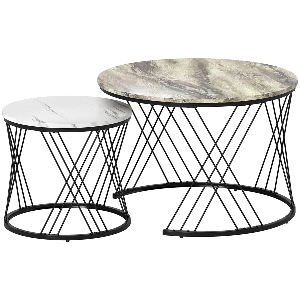 Coffee table set of 2, marble look, chipboard, metal, round coffee tables for living room, nesting, grey + white