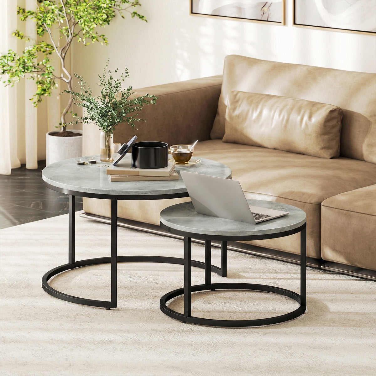 Modern 2-Piece Coffee Table Set, Stackable Side Tables with Metal Frame for Living Room, Bedroom, Office, Light (2)