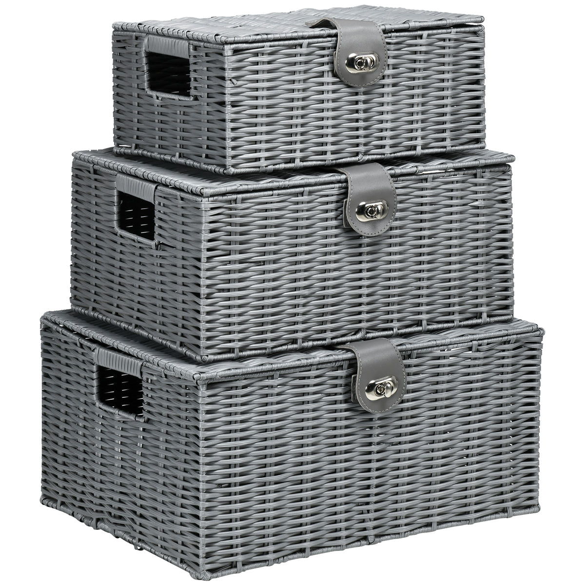 Set of 3 PE rattan storage baskets, with lid, carrying handles, 35.5 cm x 28.5 cm x 18 cm, grey