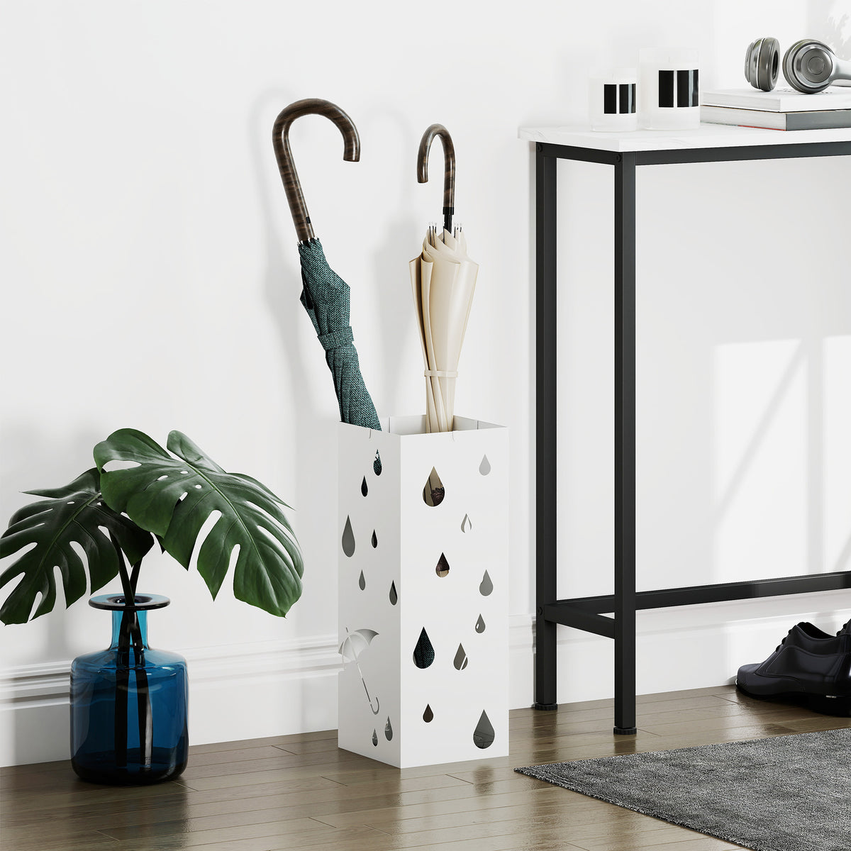 Umbrella stand, 4 hooks, drip tray, steel, white (2)