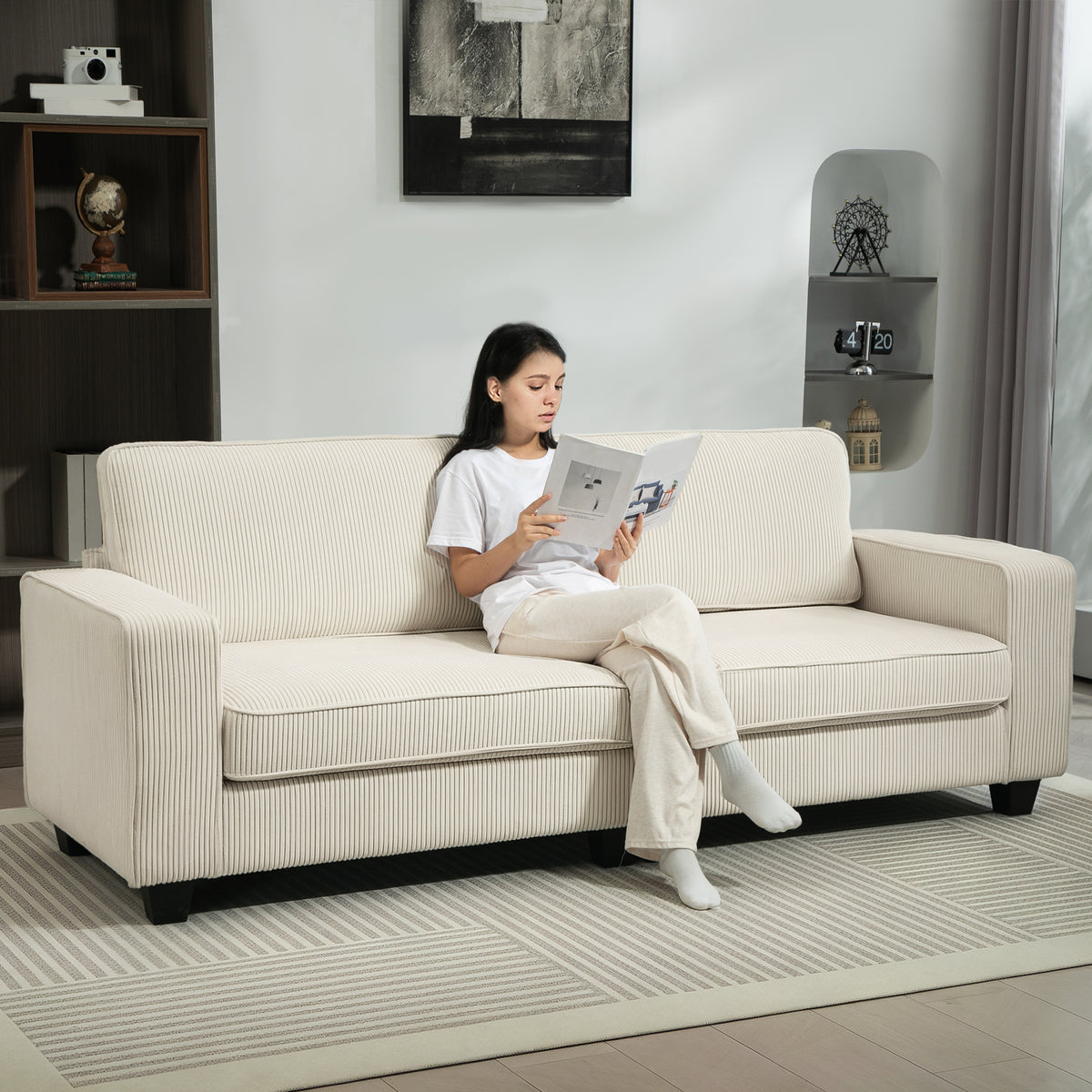 3-seater sofa with corduroy cover, living room sofa with spring core, up to 400 kg, 227 x 84 x 87 cm, cream (2)