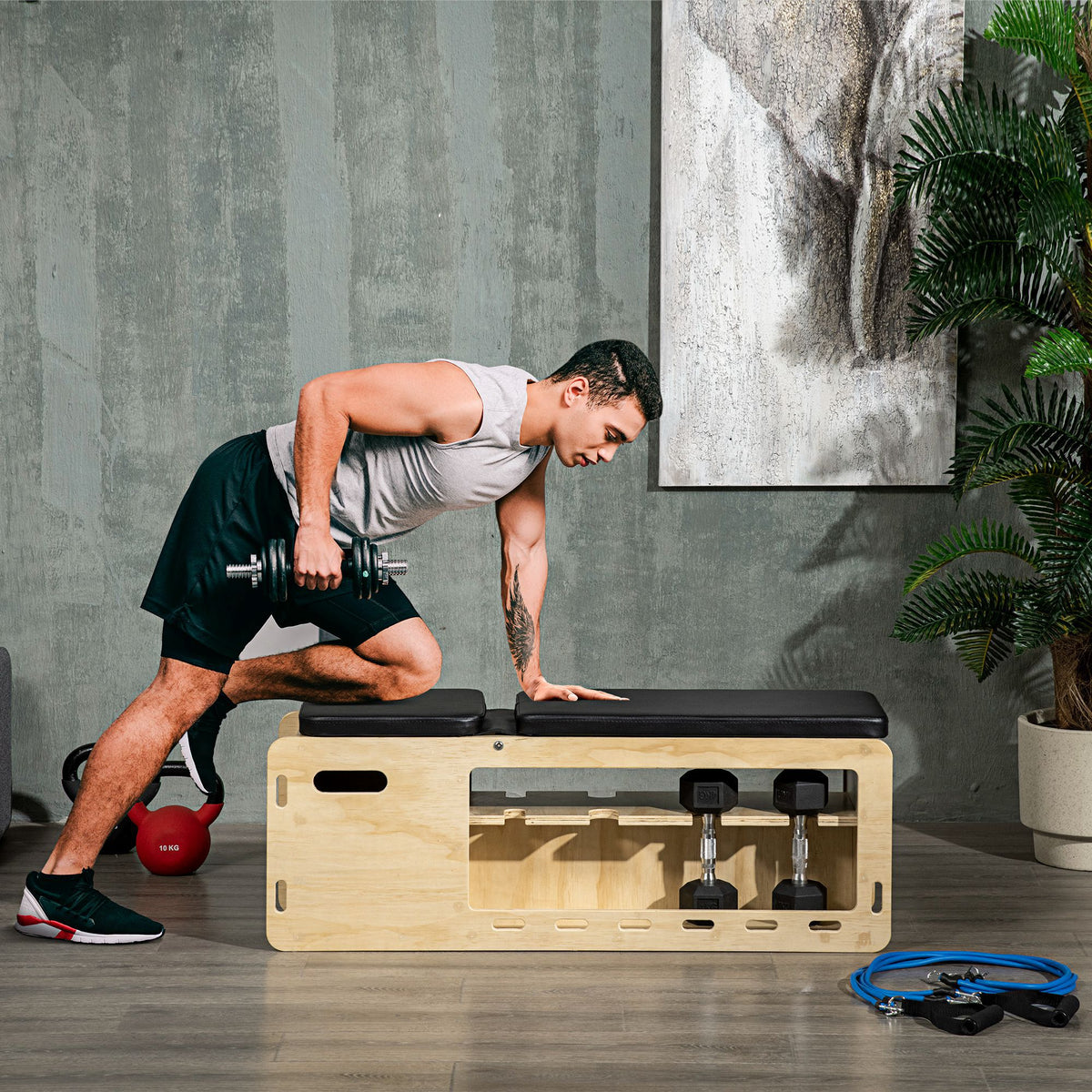 Weight bench with barbell rack, 1 storage basket, adjustable to 6 positions, solid wood, natural + black (2)