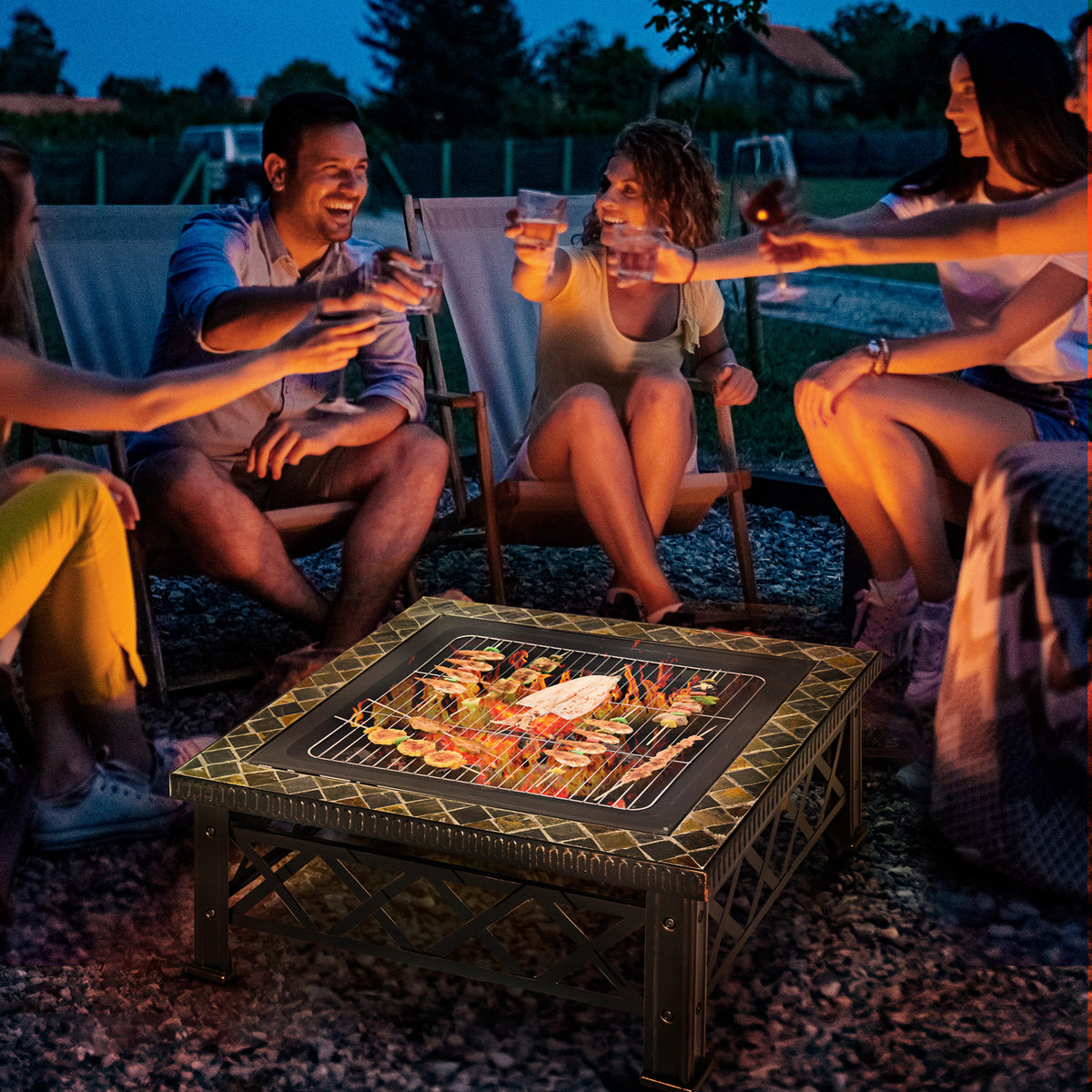 3-in-1 Fire Pit Fire Basket Fireplace with Spark Screen Grill Grate Ice Bucket Garden BBQ Black 76cm x 76cm x (2)