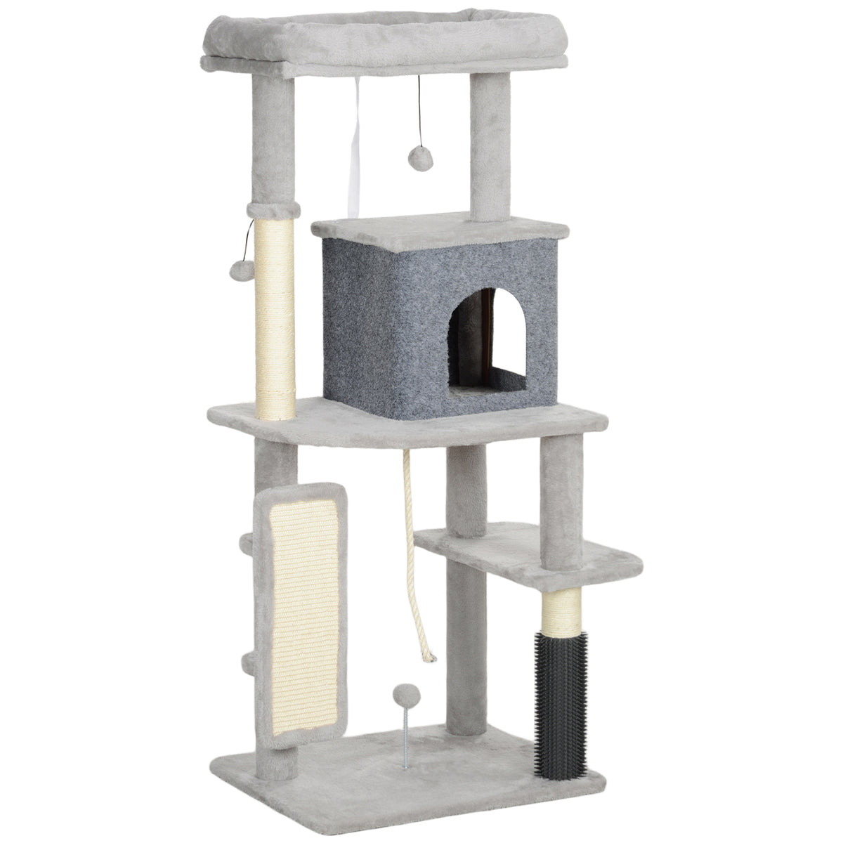 132 cm cat tree with scratching posts, bed, house, jumping platforms, grooming brush, light grey