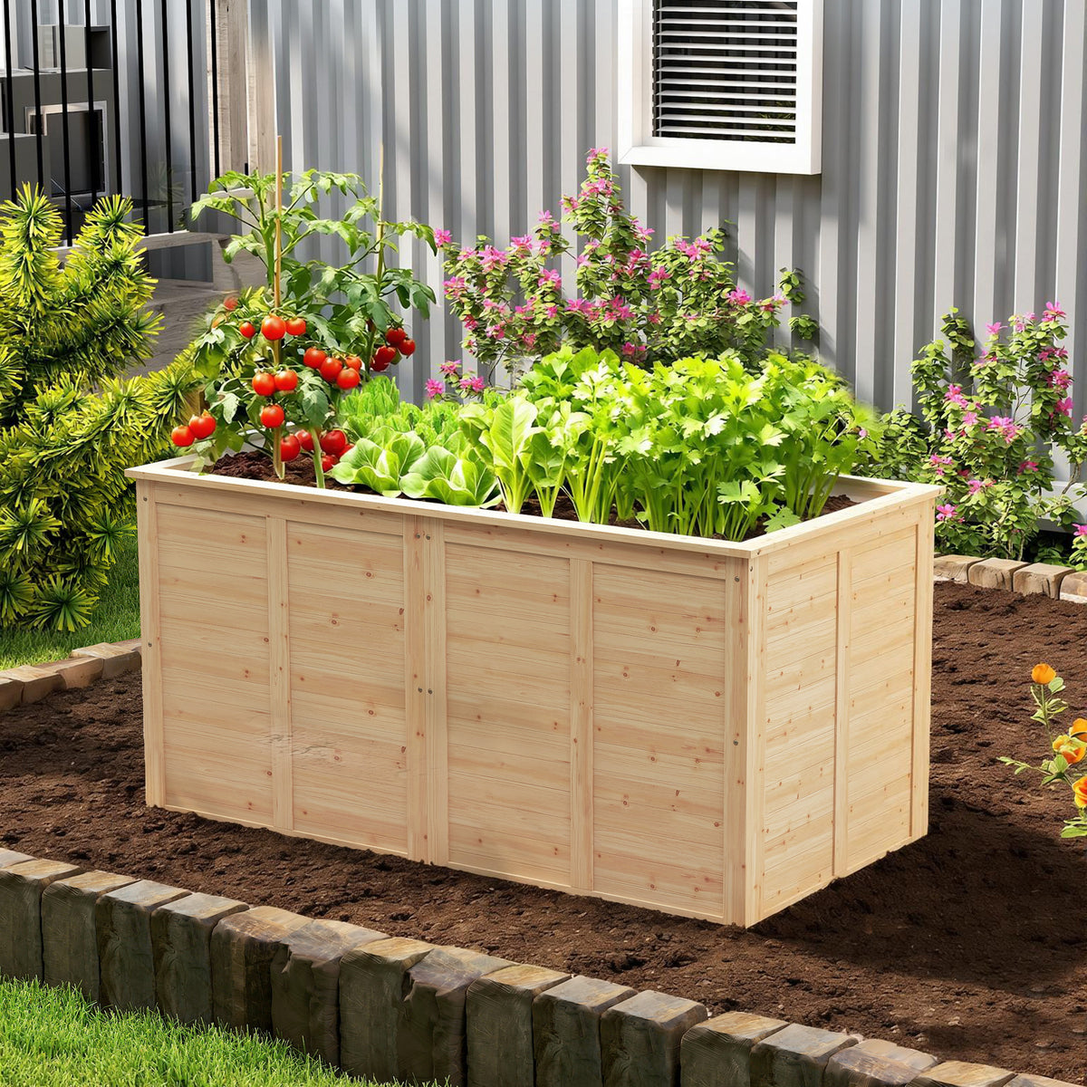 Wooden Raised Garden Bed 152 x 77 x 77 cm Elevated Herb Planter with Open Bottom and Reinforcement Bars (2)
