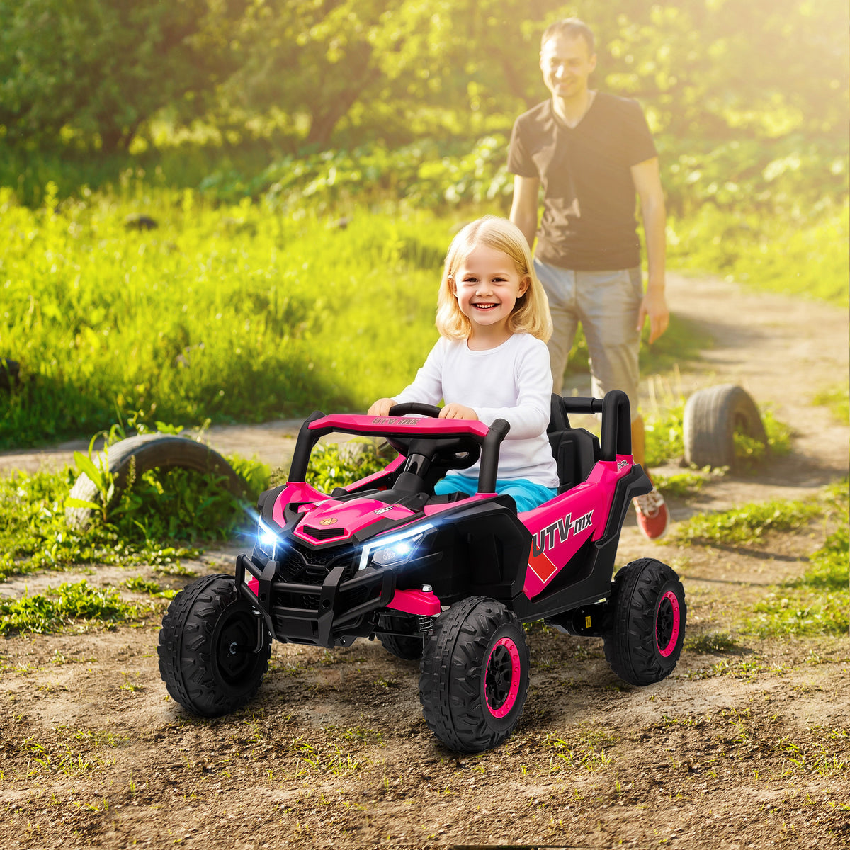 12V Electric Car for Kids, Remote Control Function, Seat Belt, Horn, LED Lights, USB Port, for 3-5 Years, Pink (2)