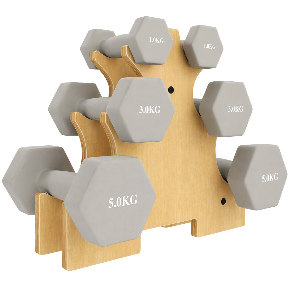 Dumbbell Set 3 Pairs 1kg 3kg 5kg Hex Dumbbells with Wood Stand, Non-Slip Grip, Cast Iron Light Gray