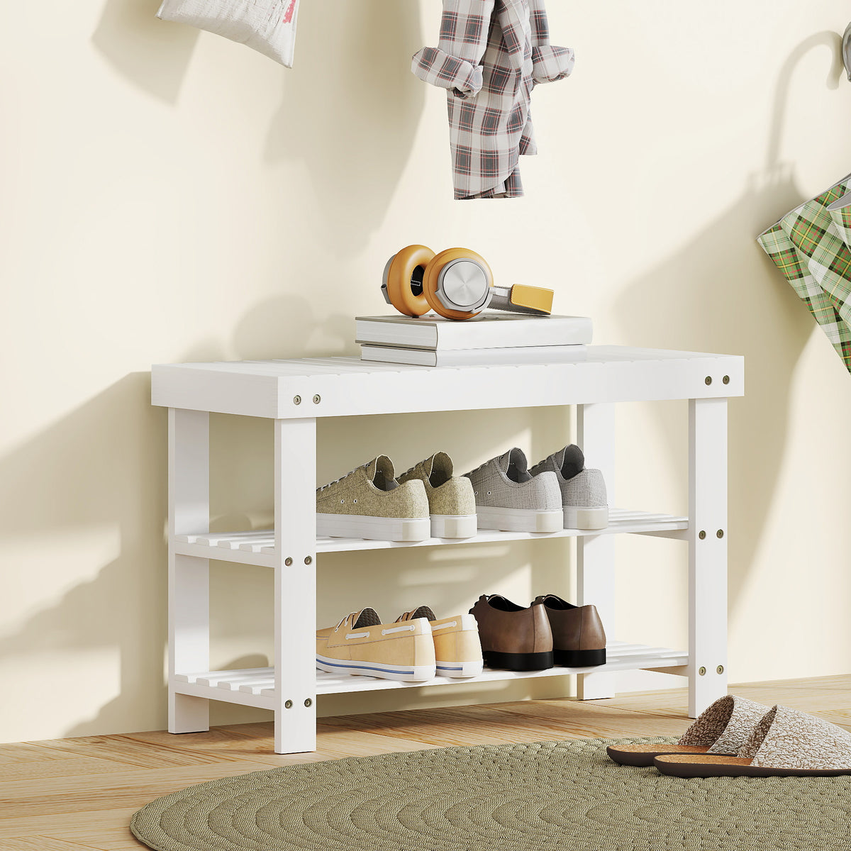 Bamboo shoe bench with 2 shelves, storage bench, for hallway, 70x28x45 cm, white (2)