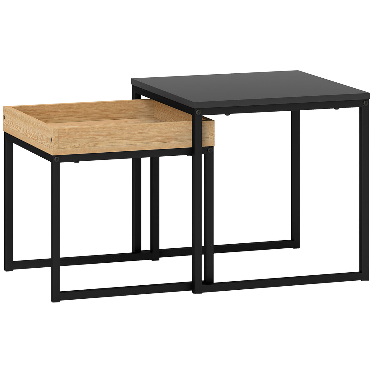 Modern coffee table, set of 2 nesting tables, for small spaces, square, MDF, metal, black