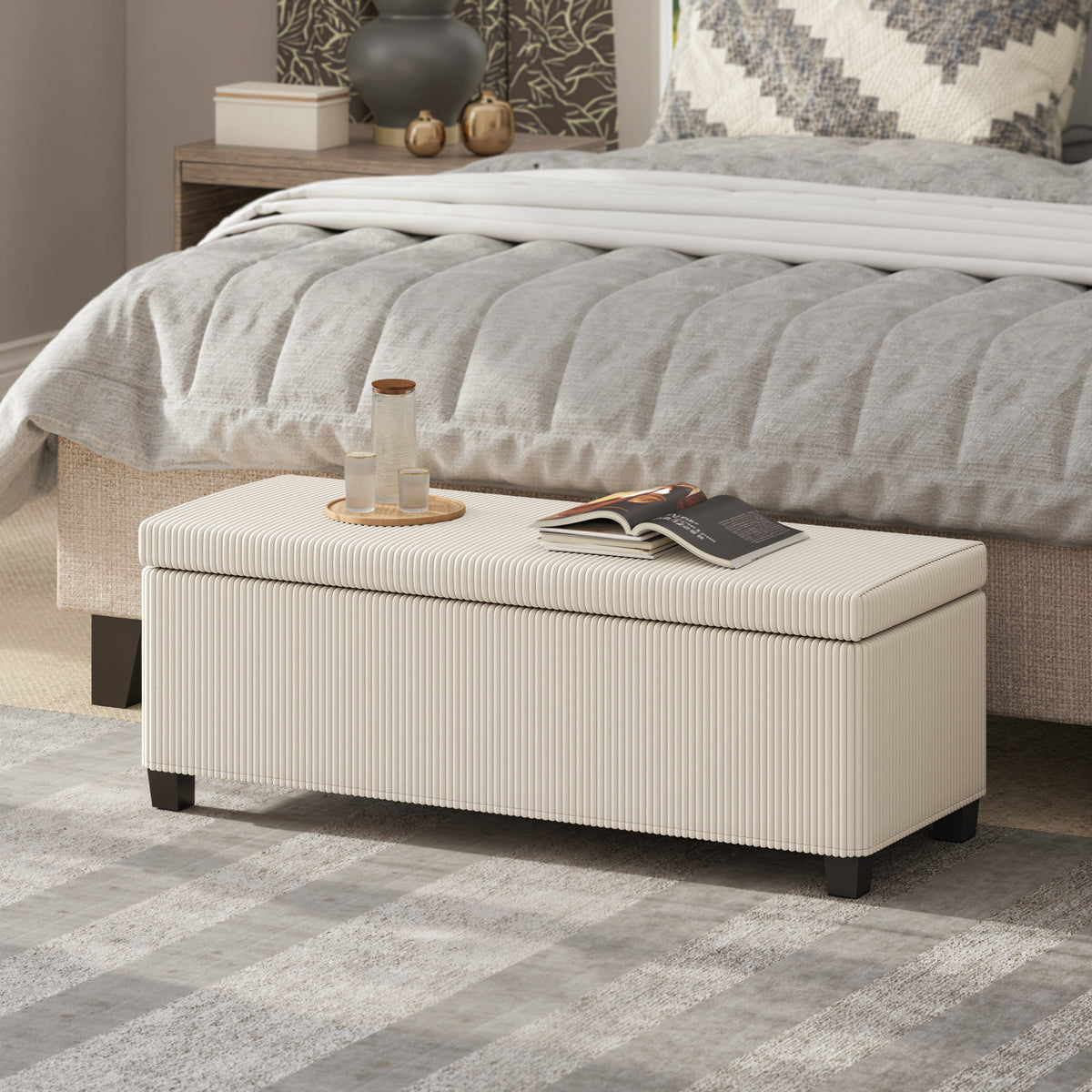 Storage bench, ottoman, corduroy design, steel frame, beige (2)