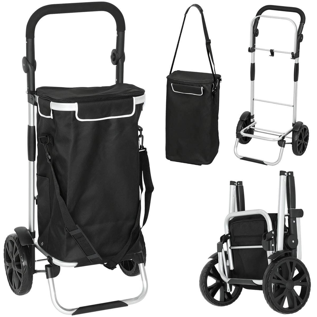 3-in-1 foldable shopping trolley with 40L capacity, loadable up to 25kg, with cooler compartment, black