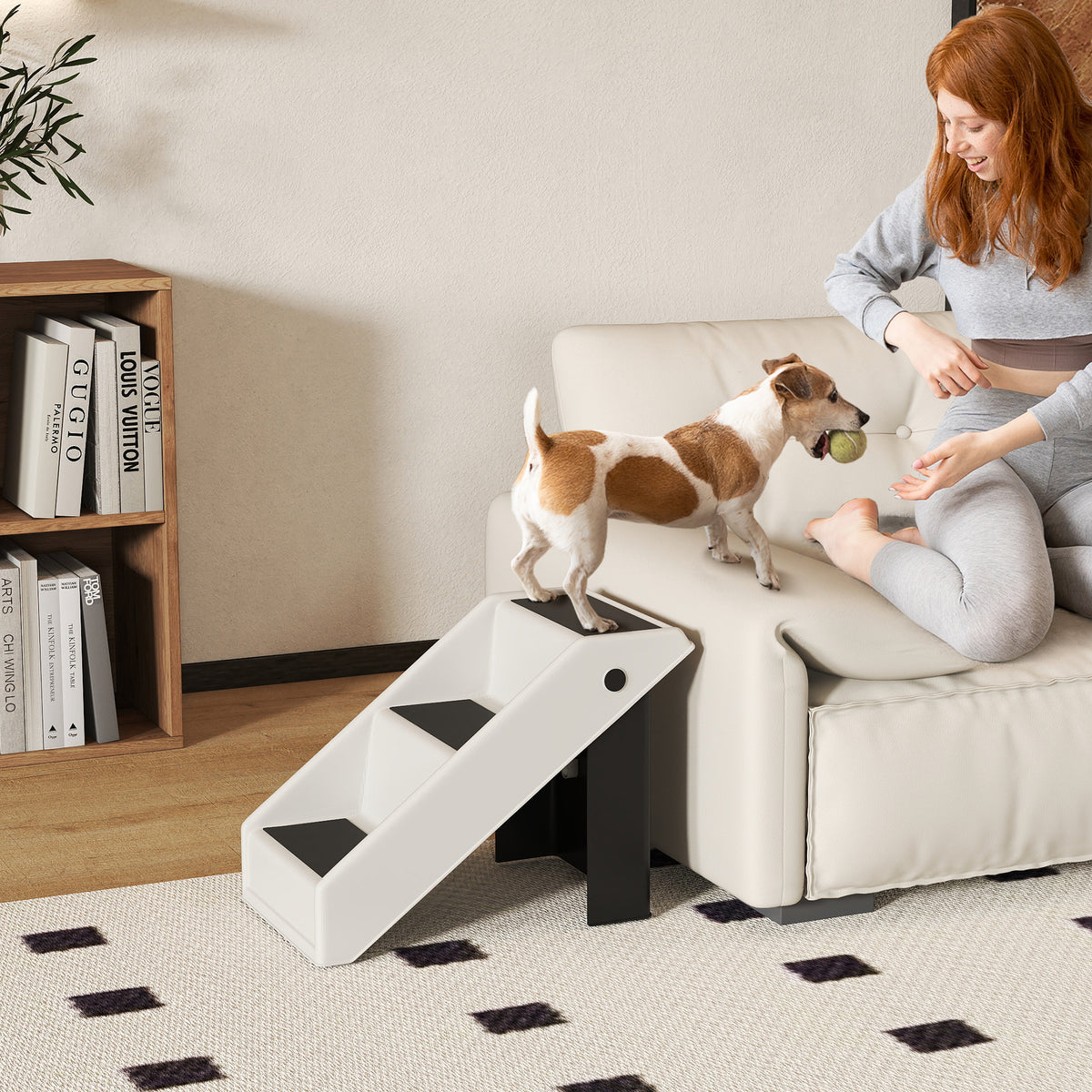 Dog stairs 3 steps 36.5 cm high pet stairs for small dogs foldable for bed, sofa, couch car cream white (2)