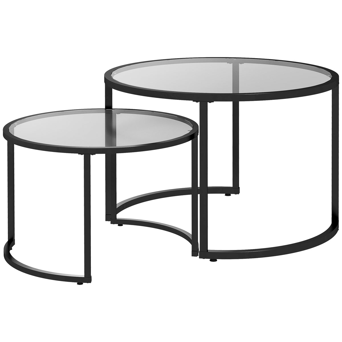 Set of 2 side tables, coffee tables in industrial design, glass tables, stackable, black + transparent