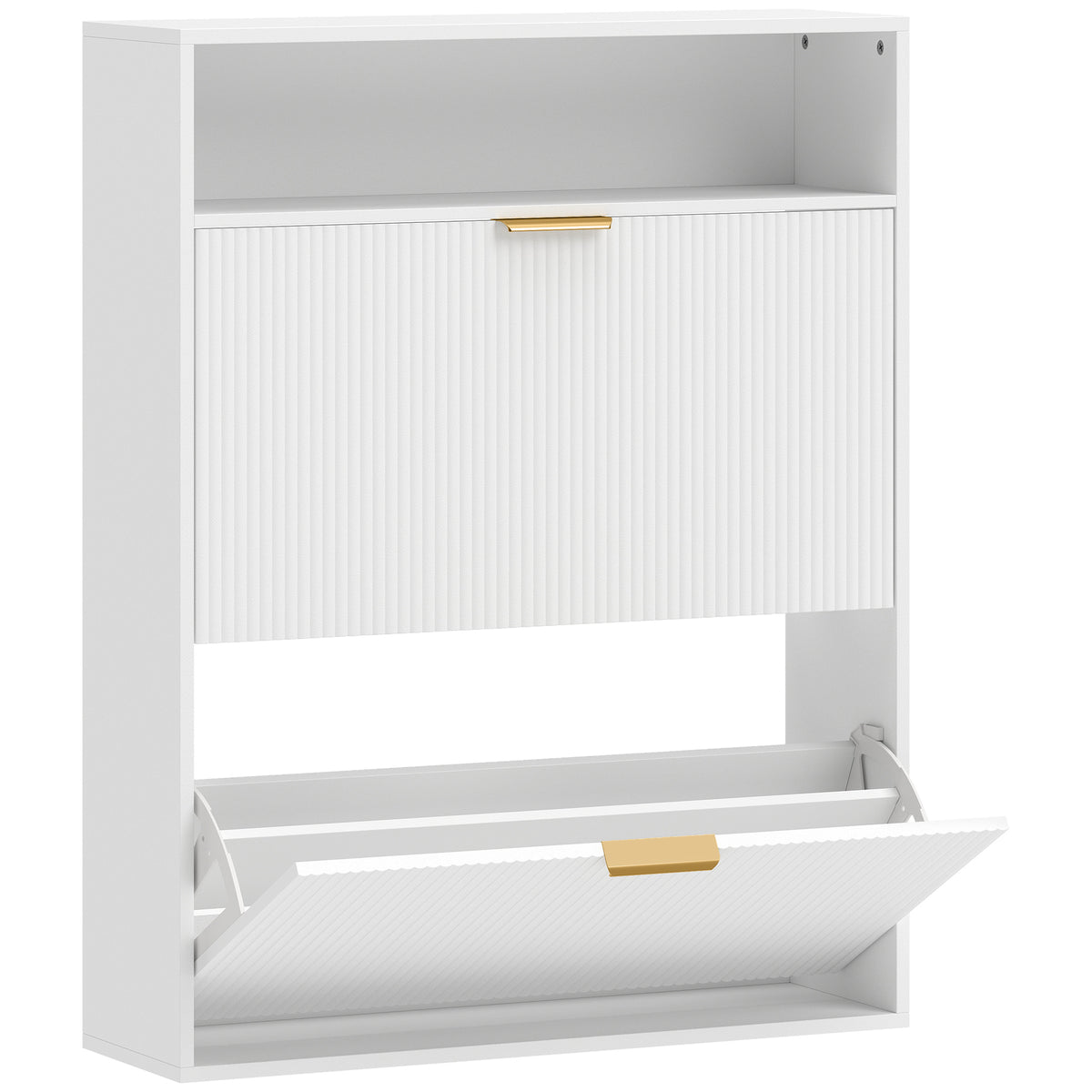 Slim shoe cabinet with 2 tilt compartments and storage surface for hallway and entryway, white