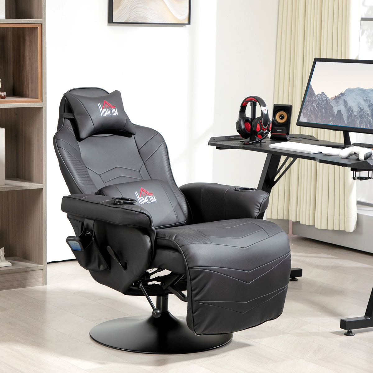 Gaming chair, massage function, reclining backrest, footrest, up to 120 kg, steel frame, faux leather, black (2)