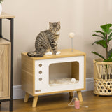 TV-design cat cave incl. toy, washable cushion, 50 cm x 28 cm x 43 cm, oak + beige + white (2)